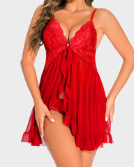 Camisón Sexy de Encaje y Malla Transparente con Tanga a Juego
