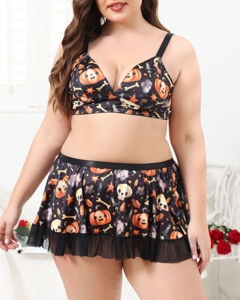Plus Size Halloween Pumpkin Print Bra & Ruffle Skirt Lingerie Set