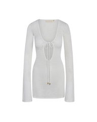Sexy Long Sleeve Hollow Out Sheer Lace-Up Bikini Cover-Up Beach Dress