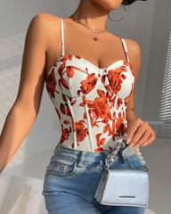 Women's Floral Print Corset Bodysuit Structured Cup High-Cut Adjustable Strap Lingerie Top