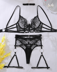 Black Sheer Floral Lace Lingerie Set with Metal Ring Harness Garter Straps