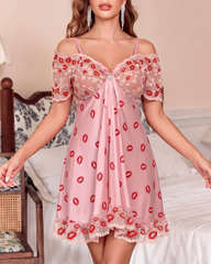 Lip Print Lace Babydoll Nightdress with Satin Bow