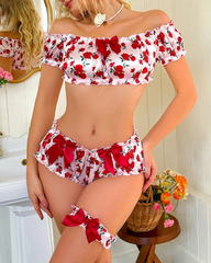 Rose Print Ruffle Lingerie Set with Thigh Garter