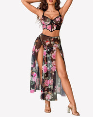 Sheer Mesh Bustier Top & High Slit Maxi Skirt Lingerie Set