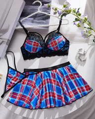Sexy Plaid Lace Trim Lingerie Set