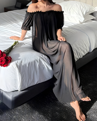 Sexy Sheer Mesh Ruffle Off-the-Shoulder Long Nightgown