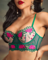 Floral Embroidery Sheer Mesh Front-Closure Lingerie Set