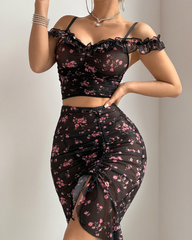 Sexy Floral Print Bodycon Sheer Maxi Skirt Set