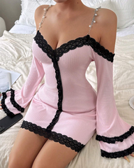 Sexy Pearl Strap Lace-Trim Long-Sleeve Babydoll Nightdress