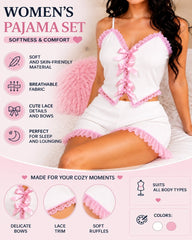 Deep V Colorblock Lace Trim Bow Camisole and Shorts Pajama Set