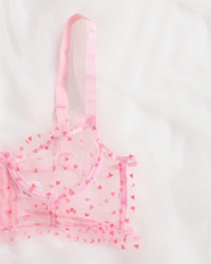 Sexy Heart Print Sheer Mesh Two-Piece Lingerie Set
