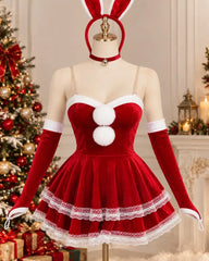 Christmas Santa Velvet Lace Trim Mini Dress with Bunny Ear Headband