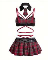 Plaid Costume Schoolgirl Strappy Bra & Pleated Mini Skirt Set