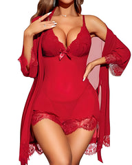 Sexy Deep V Lace See-through Mesh Slip Dress and Long-sleeved Robe Set