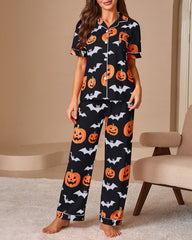 Halloween Pumpkin & Bat Print Short Sleeve Pajama Set