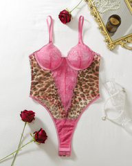 Sexy Leopard Print Pink Lace Underwire Bodysuit