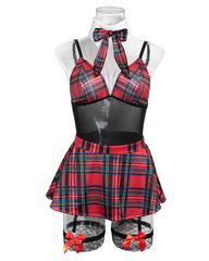 Sexy Sheer Mesh Plaid Patchwork Suspender Bodysuit Lingerie