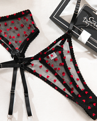 Sexy Heart Flocked Embroidery Sheer Mesh Lingerie Set with Stockings