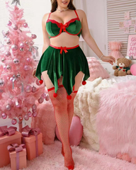 Plus Size Christmas Elf Lace Lingerie Set with Fishnet Stockings