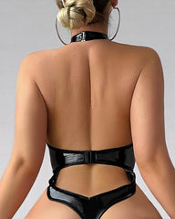 Patent Leather Crisscross Halter Chain Cutout Bodysuit