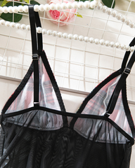 Sexy Sheer Mesh Plaid Patchwork Suspender Bodysuit Lingerie