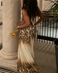 Sexy Halter Leopard Patchwork Backless Beaded Maxi Dress