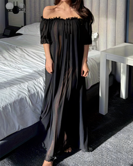 Sexy Sheer Mesh Ruffle Off-the-Shoulder Long Nightgown
