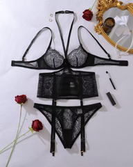 Black heavy eyelash lace halterneck three-point sexy underwear set