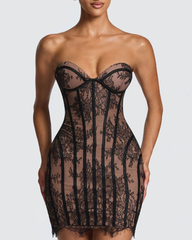 Sexy Boned Sheer Lace Ruffle Strapless Lace-Up Dress
