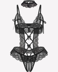Sexy Sheer Cutout Lace Bodysuit with Bow Detail