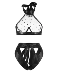 Sheer Polka Dot Halter Bra & Strappy Panty Set