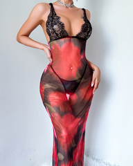 Floral Sheer Mesh Lace Maxi Lingerie Set