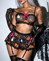 Halloween Cosplay Pumpkin Ghost Print Sheer Mesh Lingerie Set