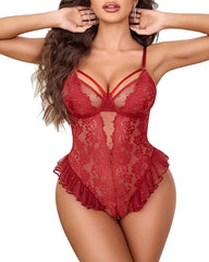 Sheer Floral Lace Strappy Underwire Ruffle Teddy Bodysuit