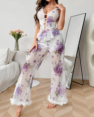 Sexy Floral Mesh See-through Ruffled Camisole and Trousers Pajama Set