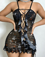 Halloween Skeleton Print Lace-Up Sheer Mini Nightdress