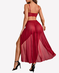 Sheer Mesh Bustier Top & High Slit Maxi Skirt Lingerie Set