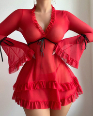 Sexy Sheer Mesh Ruffle Long Sleeve Babydoll Lingerie