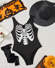 Halloween Cosplay Skull Print Bodysuit with Fishnet Stockings Hat Three-Piece Set