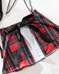 Sexy Sheer Mesh Plaid Patchwork Suspender Bodysuit Lingerie