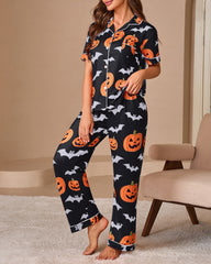 Halloween Pumpkin & Bat Print Short Sleeve Pajama Set