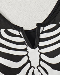 Halloween Cosplay Skull Print Bodysuit with Fishnet Stockings Hat Three-Piece Set