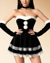 Christmas Santa Velvet Lace Trim Mini Dress with Bunny Ear Headband