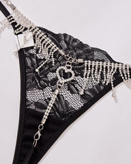 Sexy Sheer Lace Rhinestone Fringe Heart Thong