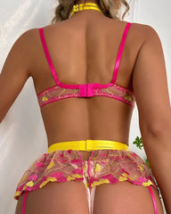 Sexy See-Through Mesh Heart Embroidered Colorblock Lingerie Set