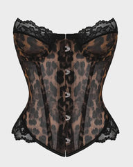 Leopard Print Strapless Lace Trim Corset Bustier Top