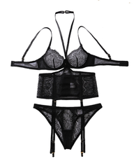 Black heavy eyelash lace halterneck three-point sexy underwear set