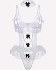 Sexy Sheer Cutout Lace Bodysuit with Bow Detail