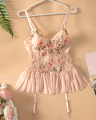 Plus Size Pink Rose Embroidered Sheer Mesh Babydoll Lingerie