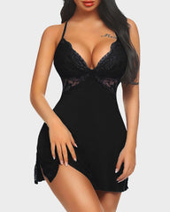 Camisón Babydoll Teddy de Lencería con Abertura y Ribete de Encaje